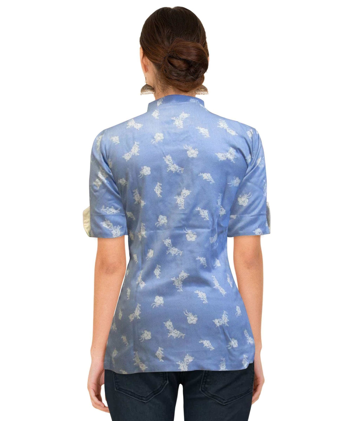 Closed Collar Blue Short Top With White Flower Motifs eSiddhi