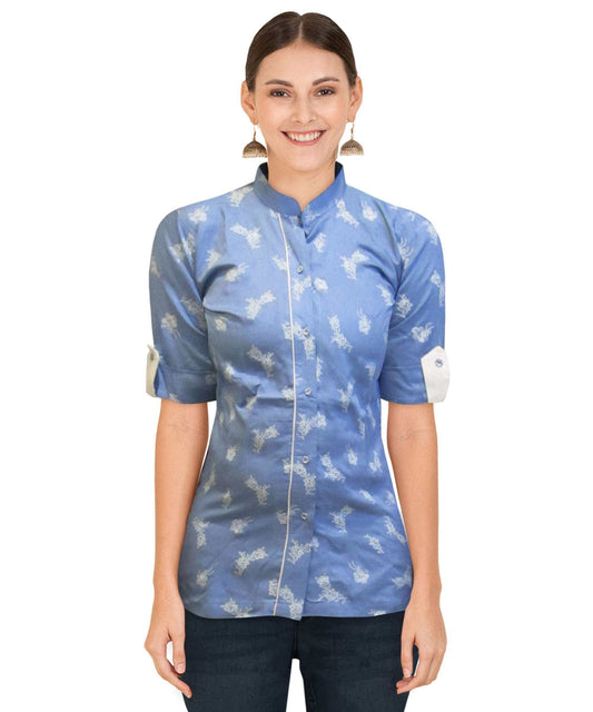 Closed Collar Blue Short Top With White Flower Motifs eSiddhi