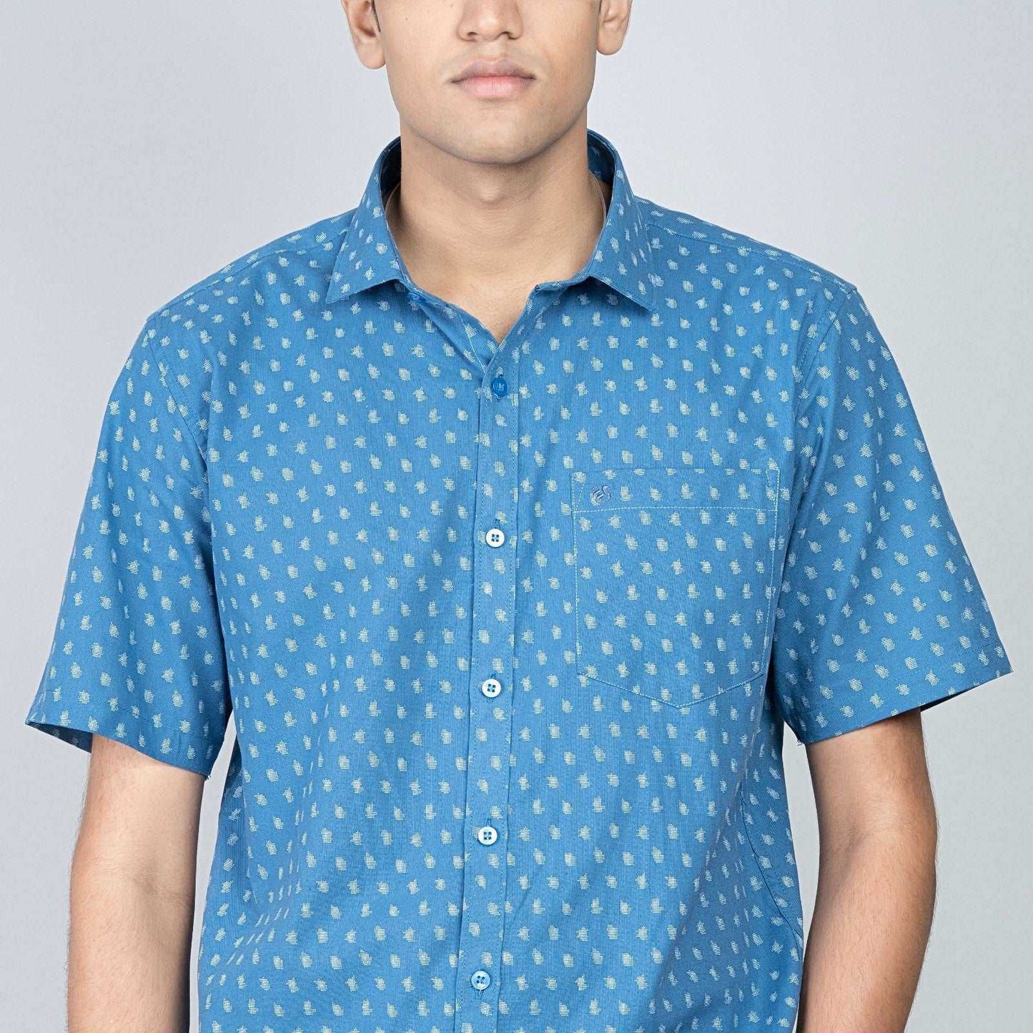 Cotton Slim Fit Half Shirt - Blue print