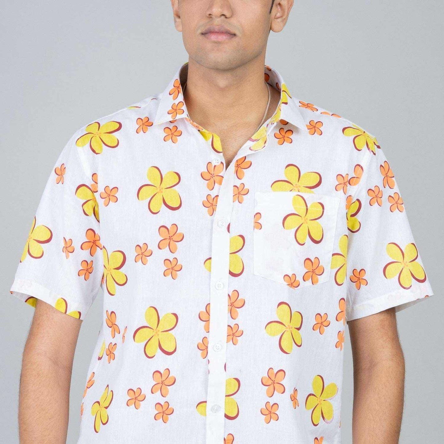 Cotton Slim Fit Half Shirt - cream floral print