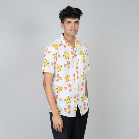 Cotton Slim Fit Half Shirt - cream floral print
