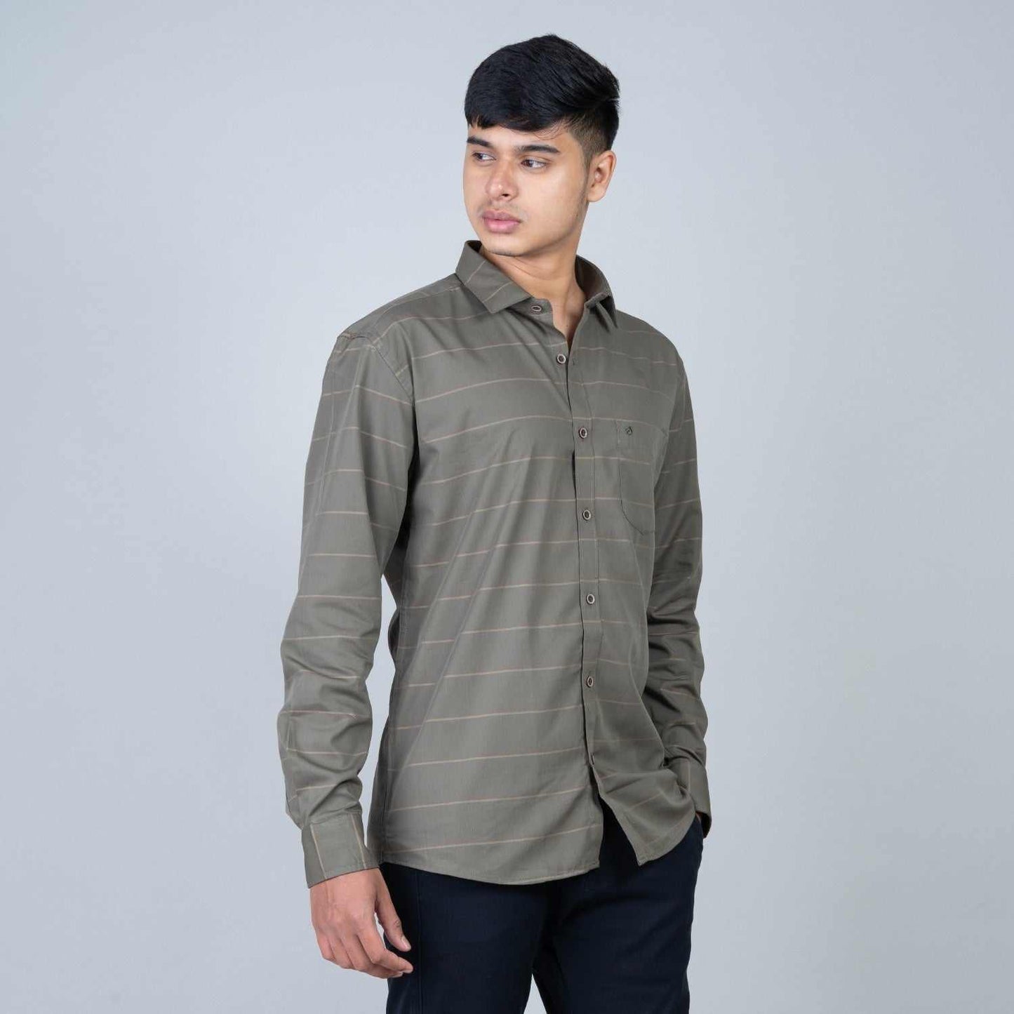 Cotton Regular Full Shirt - green stripped