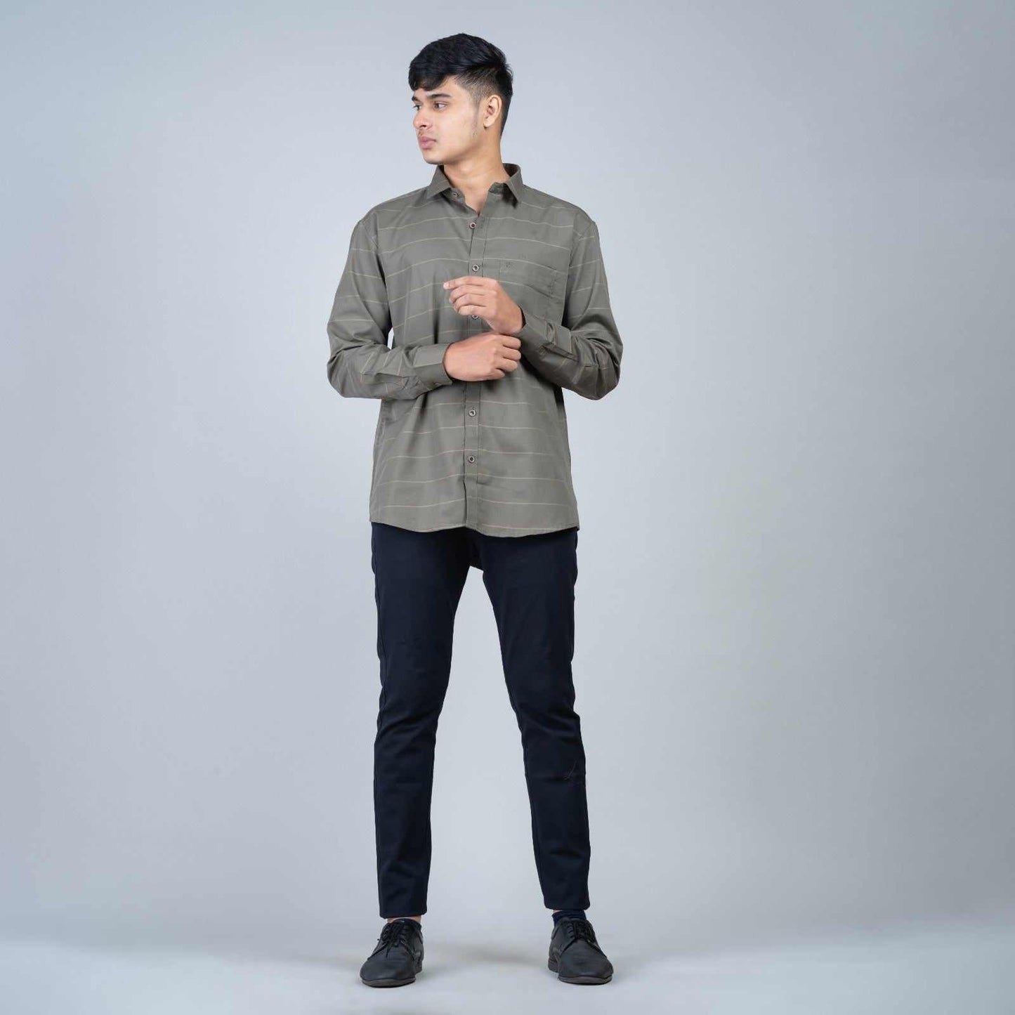 Cotton Regular Full Shirt - green stripped