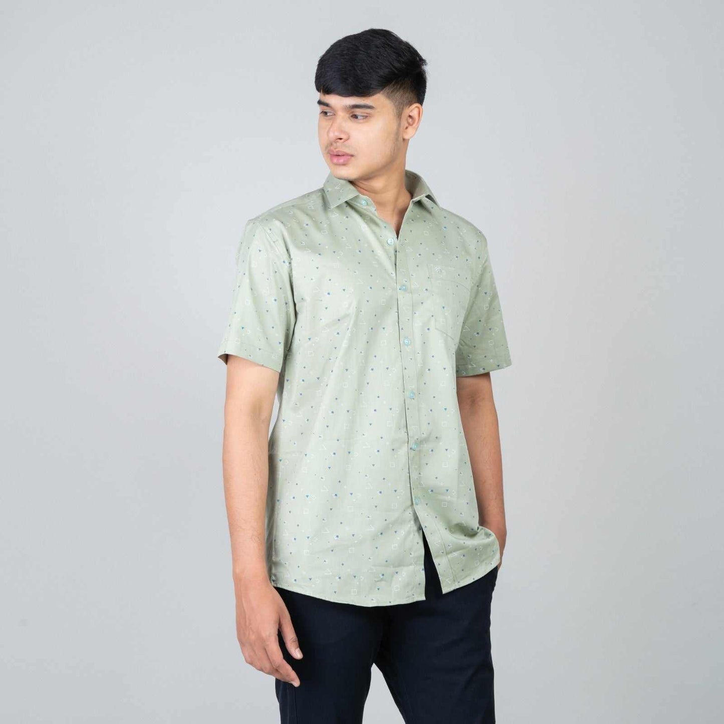 Cotton Slim Fit Half Shirt - Green print