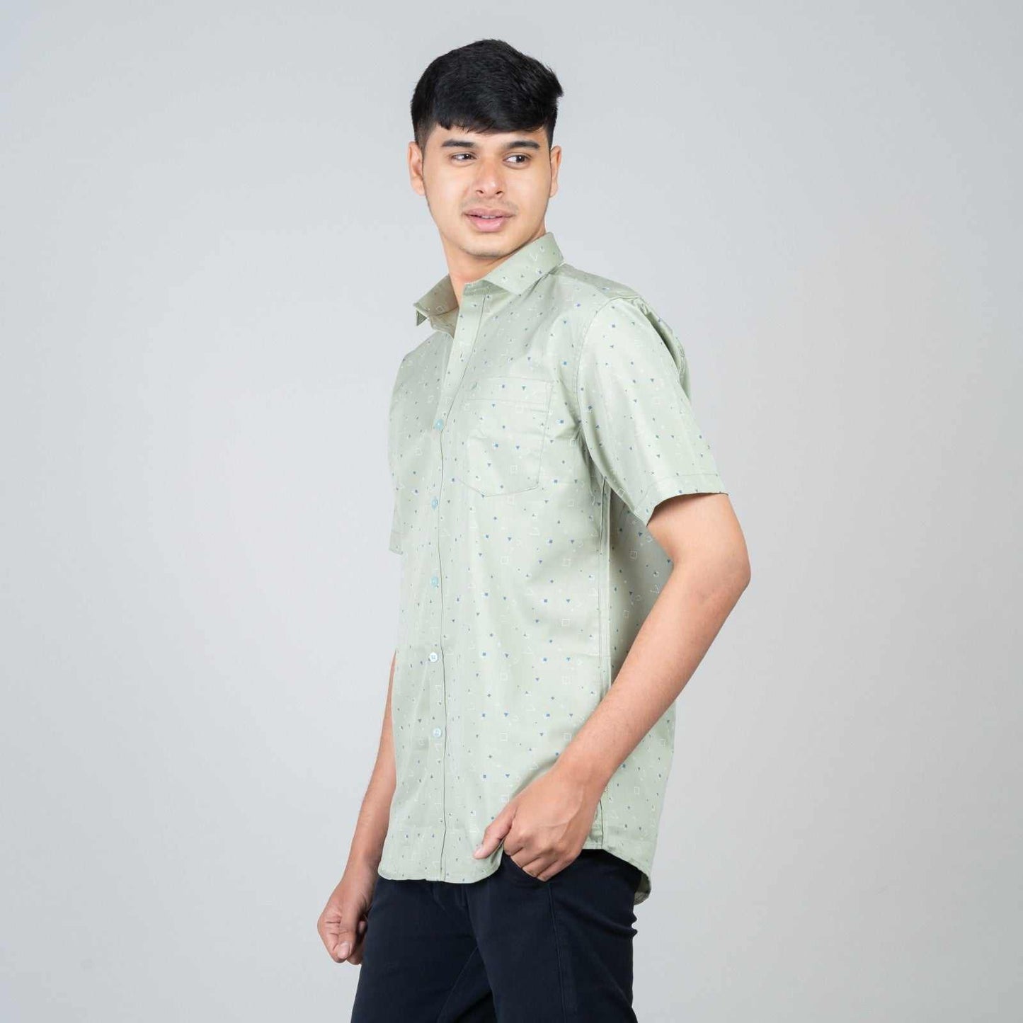 Cotton Slim Fit Half Shirt - Green print