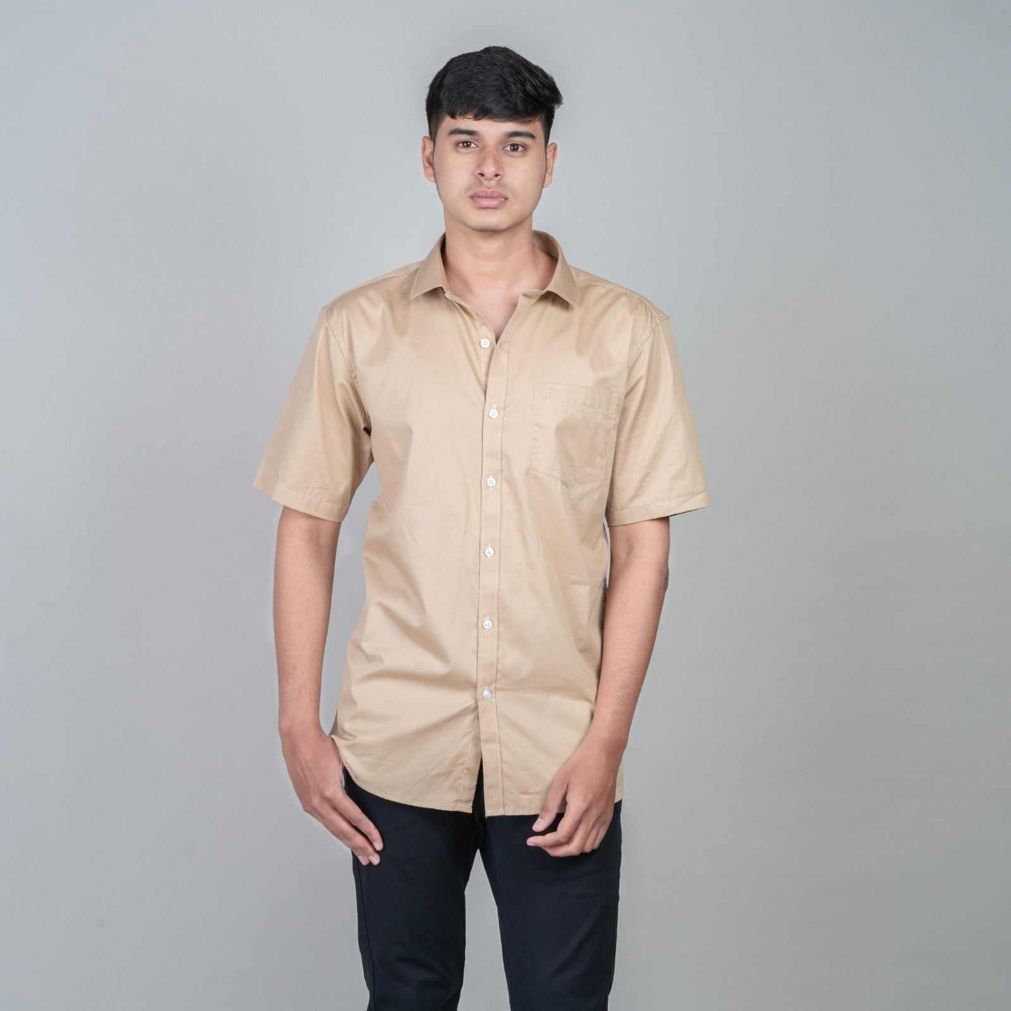 Cotton Slim Fit Half Shirt - Light Brown