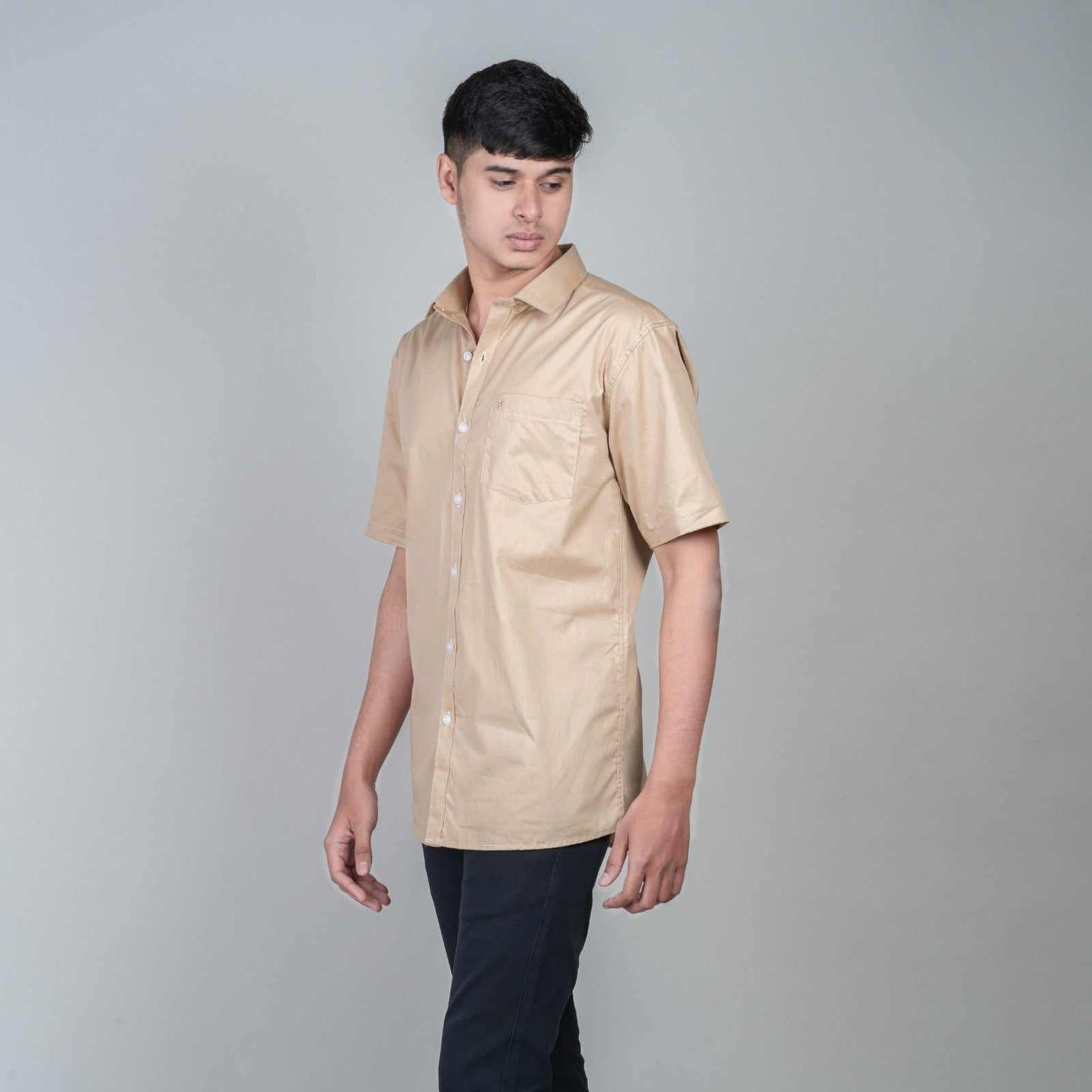 Cotton Slim Fit Half Shirt - Light Brown