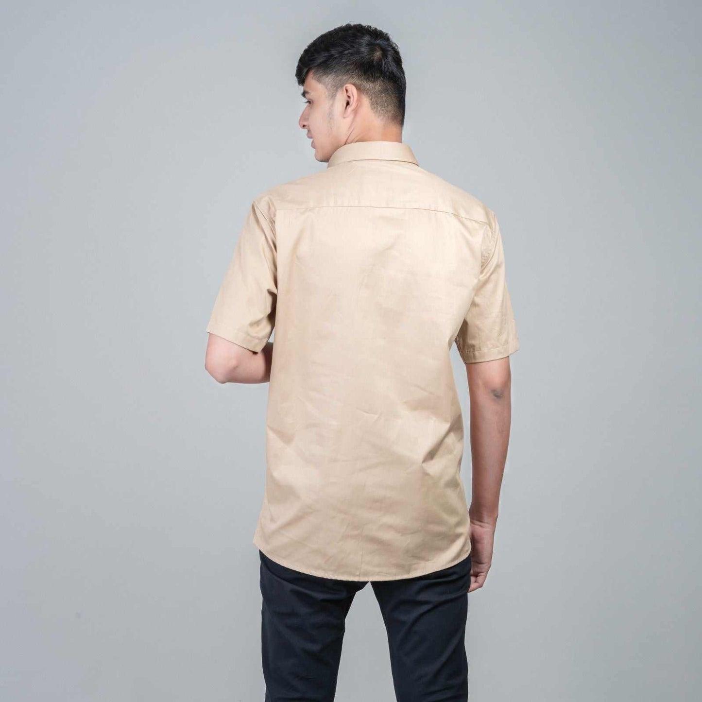 Cotton Slim Fit Half Shirt - Light Brown