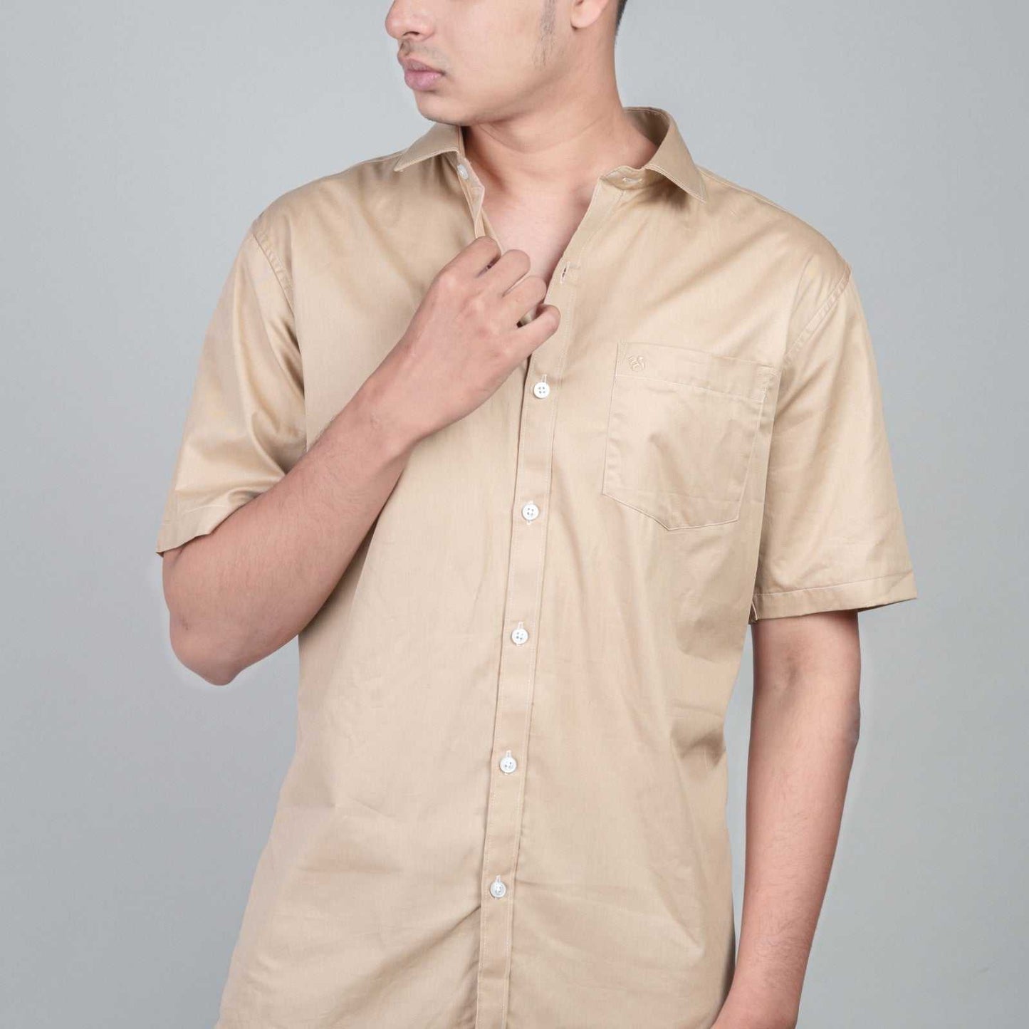 Cotton Slim Fit Half Shirt - Light Brown