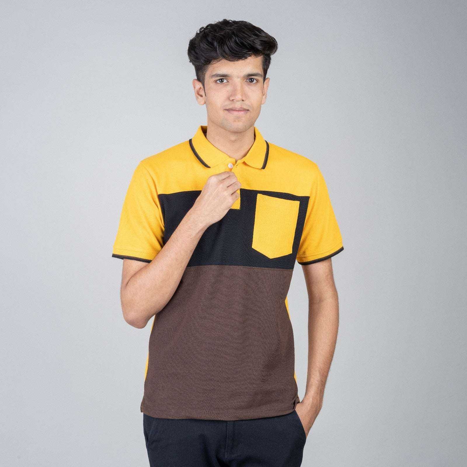 Polo T-Shirt with Pocket - Yellow, Black, Brown