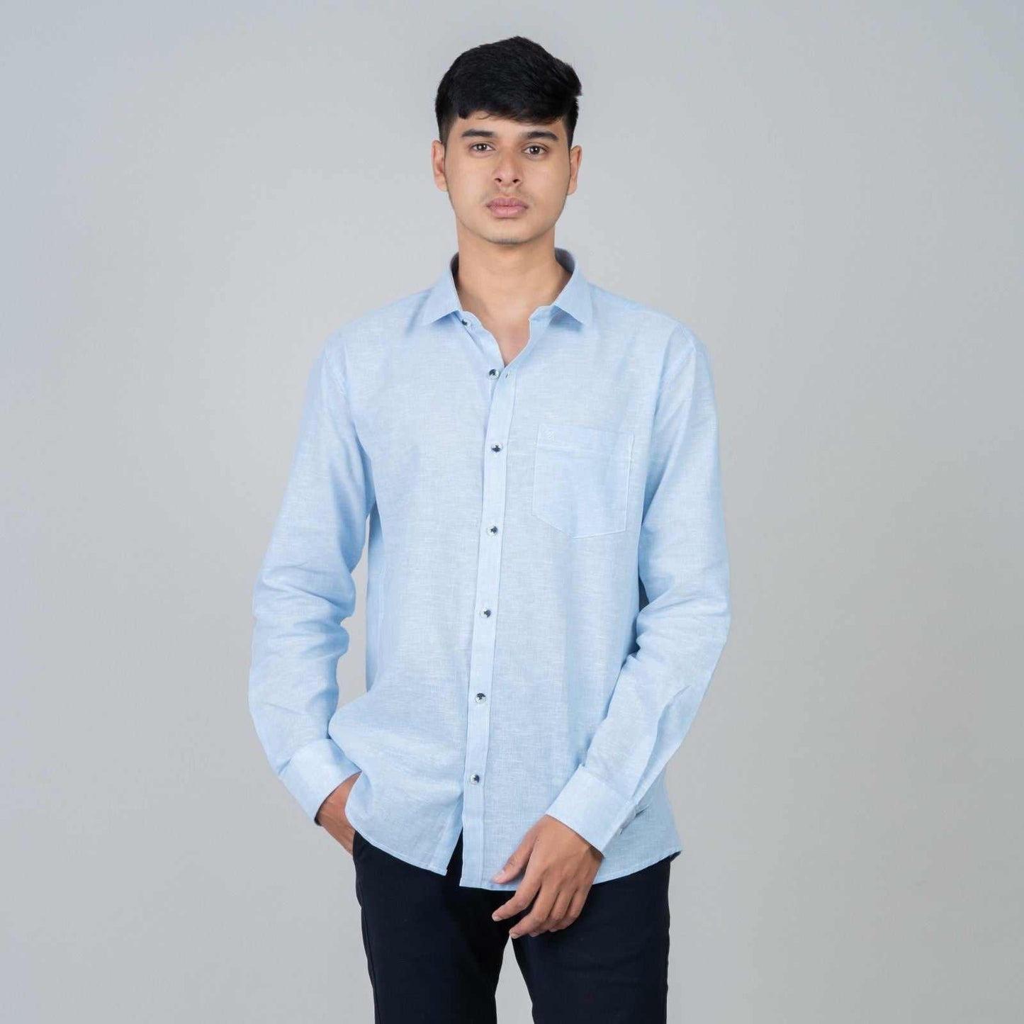 Cotton Regular Full Shirt - Sky Blue - Linen