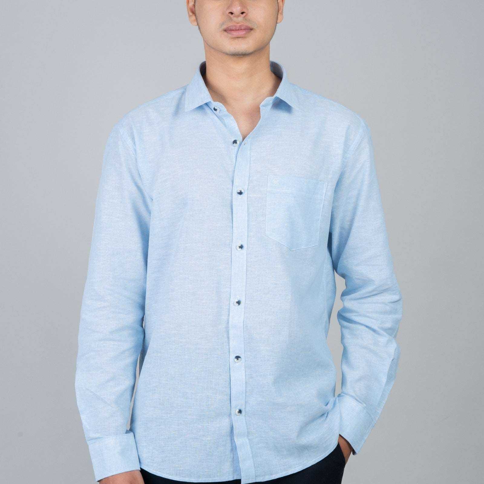 Cotton Regular Full Shirt - Sky Blue - Linen