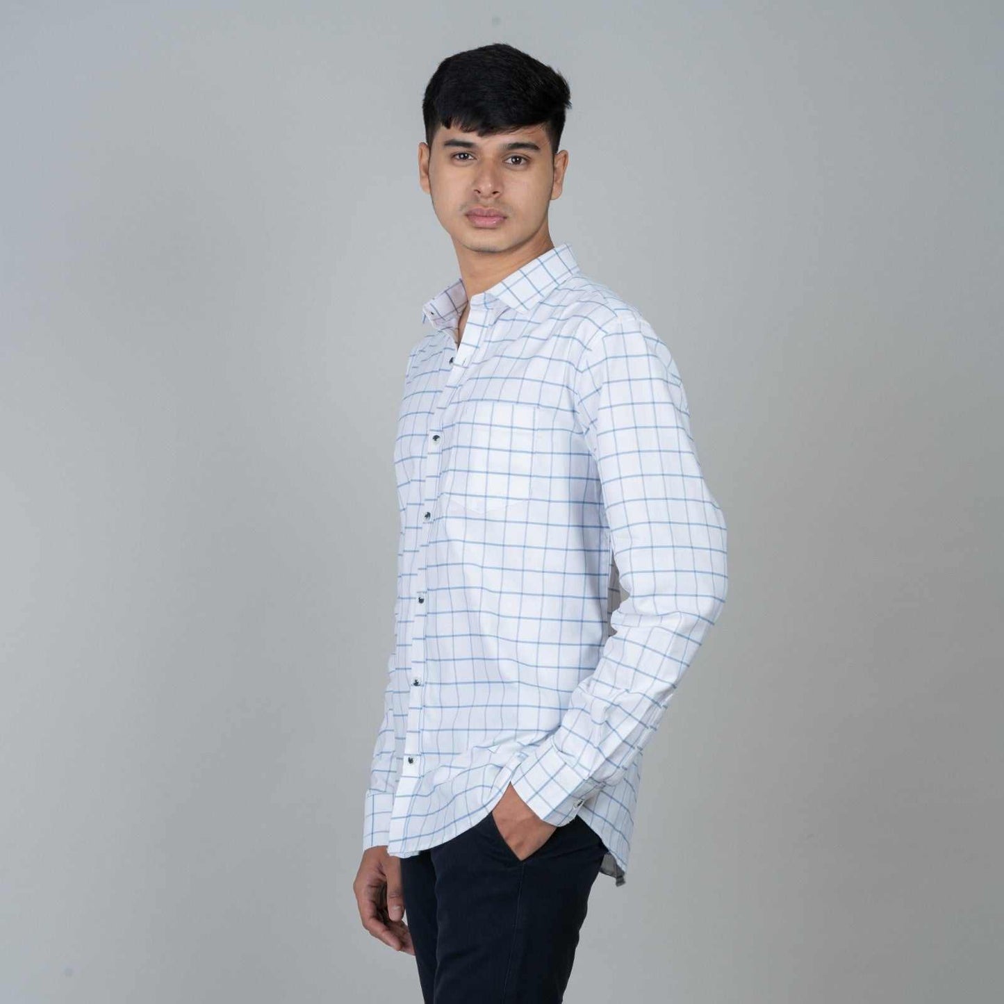 Cotton Regular Full Shirt - White and Blue Checkered