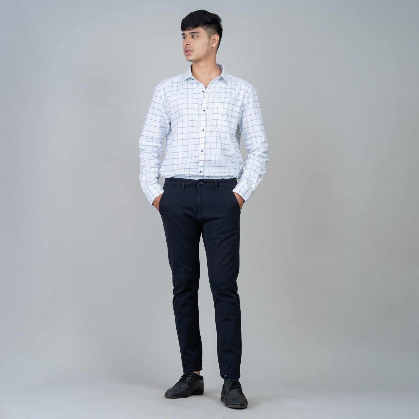 Cotton Regular Full Shirt - White and Blue Checkered