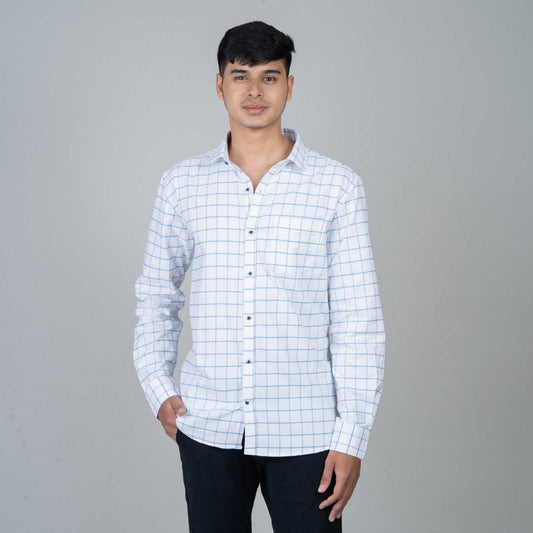 Cotton Regular Full Shirt - White and Blue Checkered