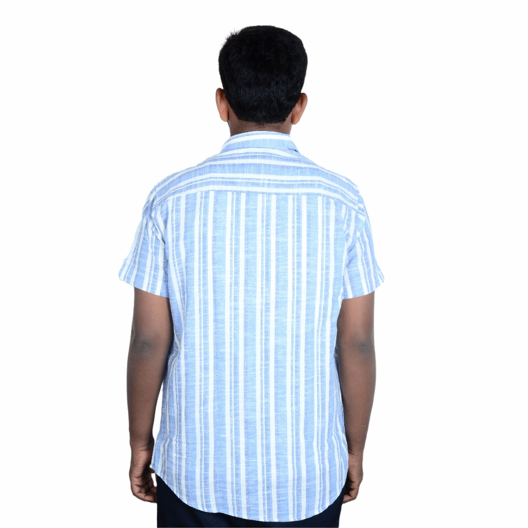 Cotton Slim Fit Half Shirt - White and Blue- Half