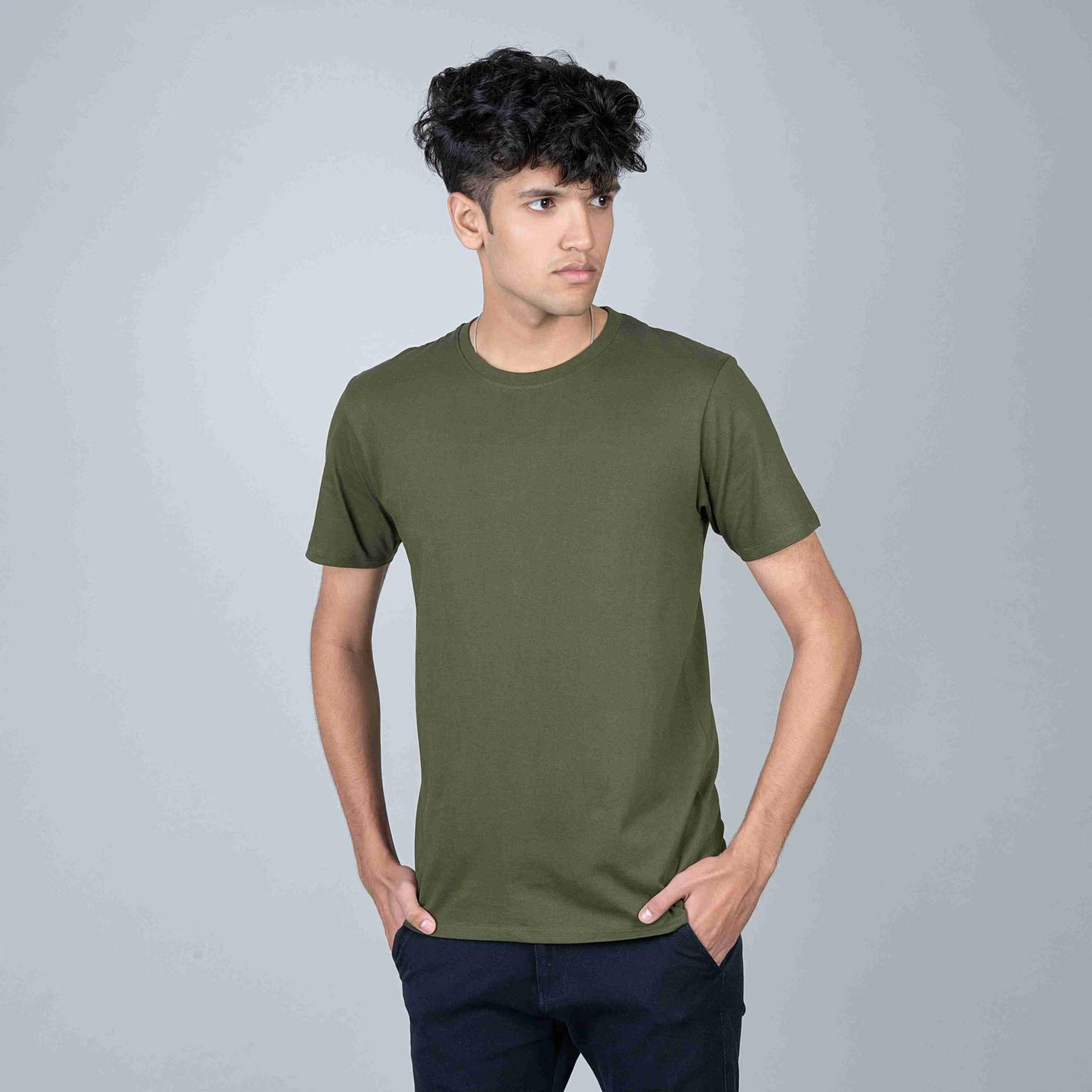 Cotton Slim Round Neck T-Shirt - Olive Green