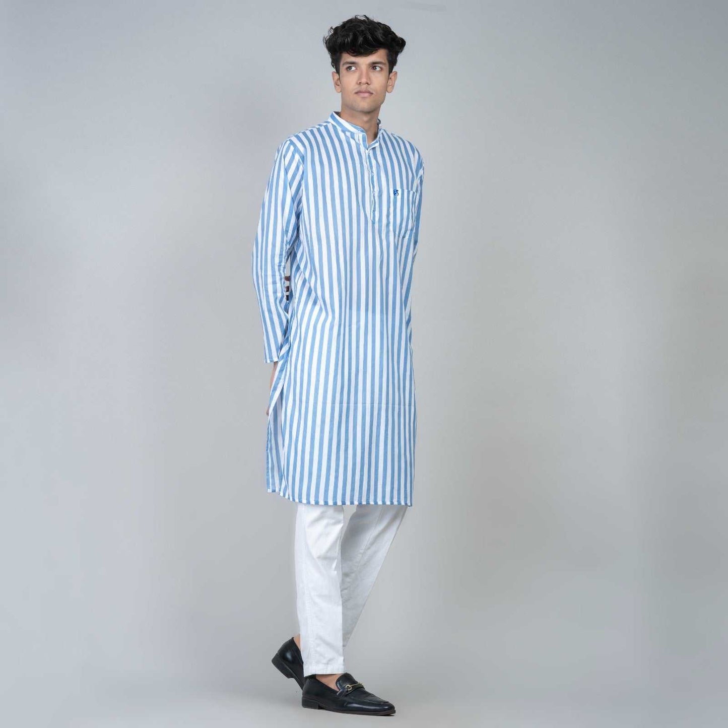Casual Long Kurta for men - White and Blue Stripes