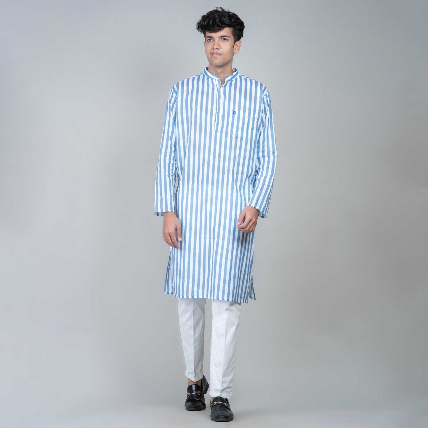 Casual Long Kurta for men - White and Blue Stripes