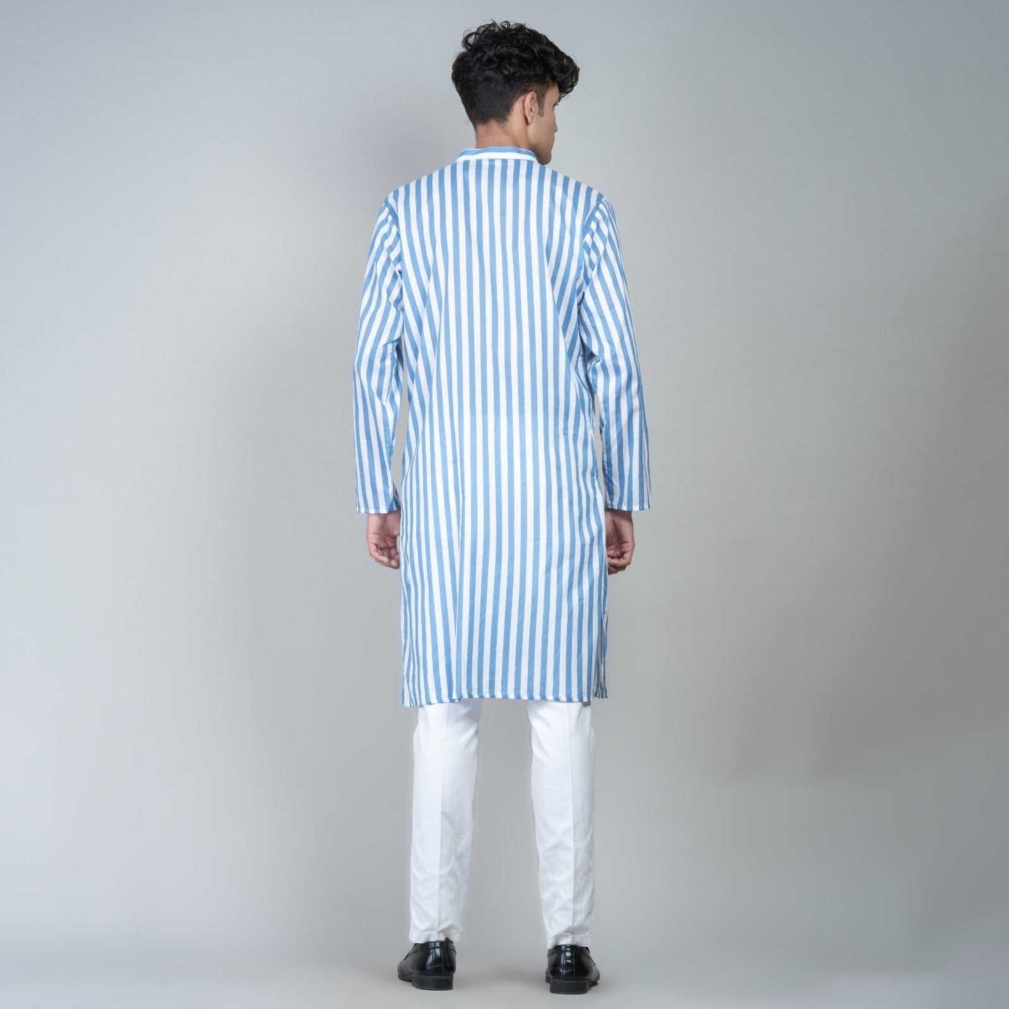 Casual Long Kurta for men - White and Blue Stripes