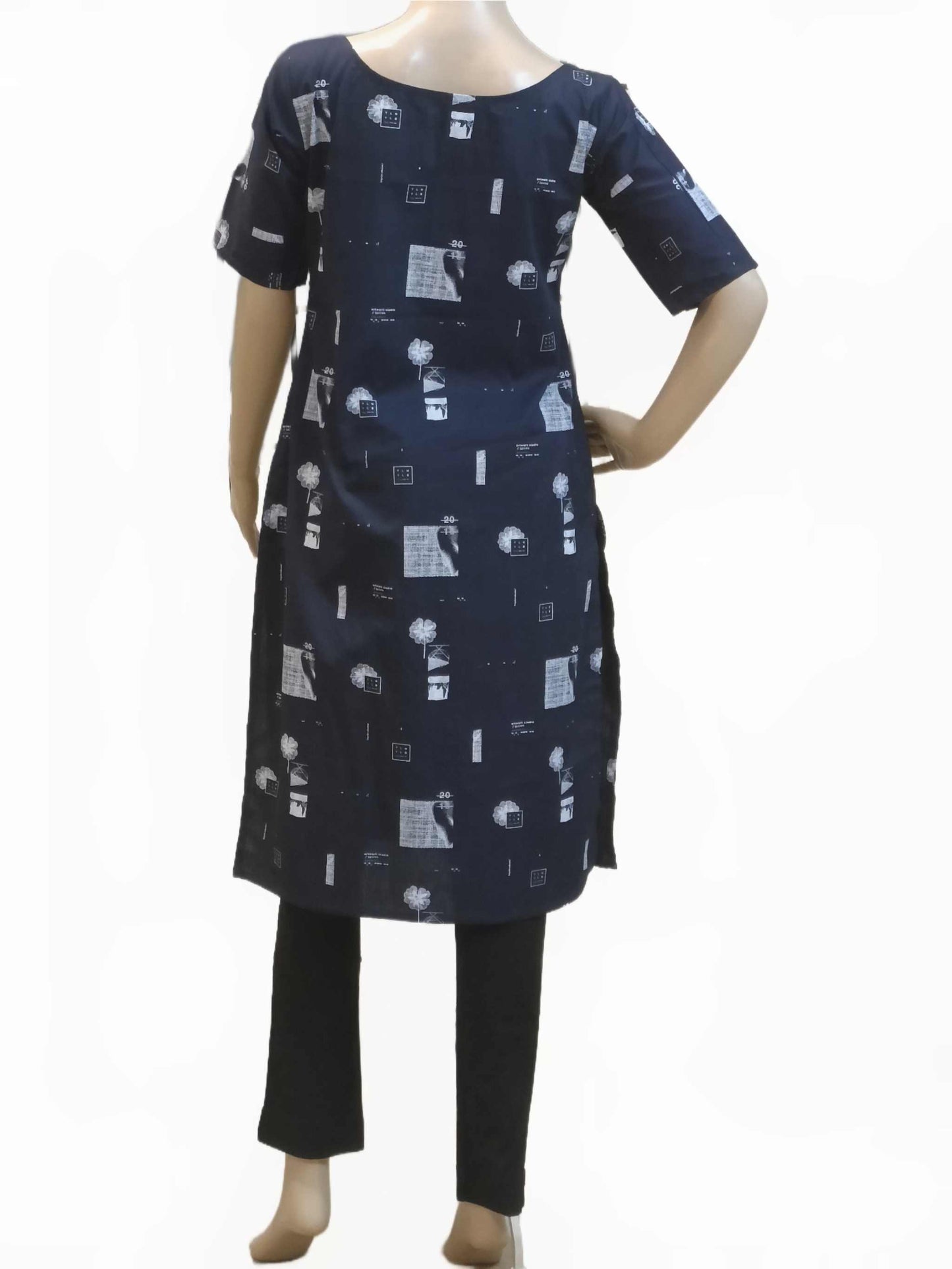 Blue Cotton Kurthi with Boat Neck with Mid "V" Cut eSiddhi