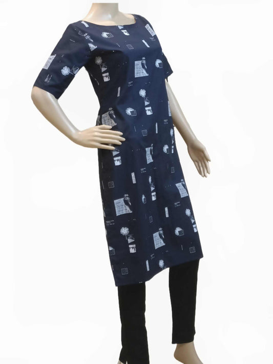 Blue Cotton Kurti with geometric shapes design - short sleeves eSiddhi