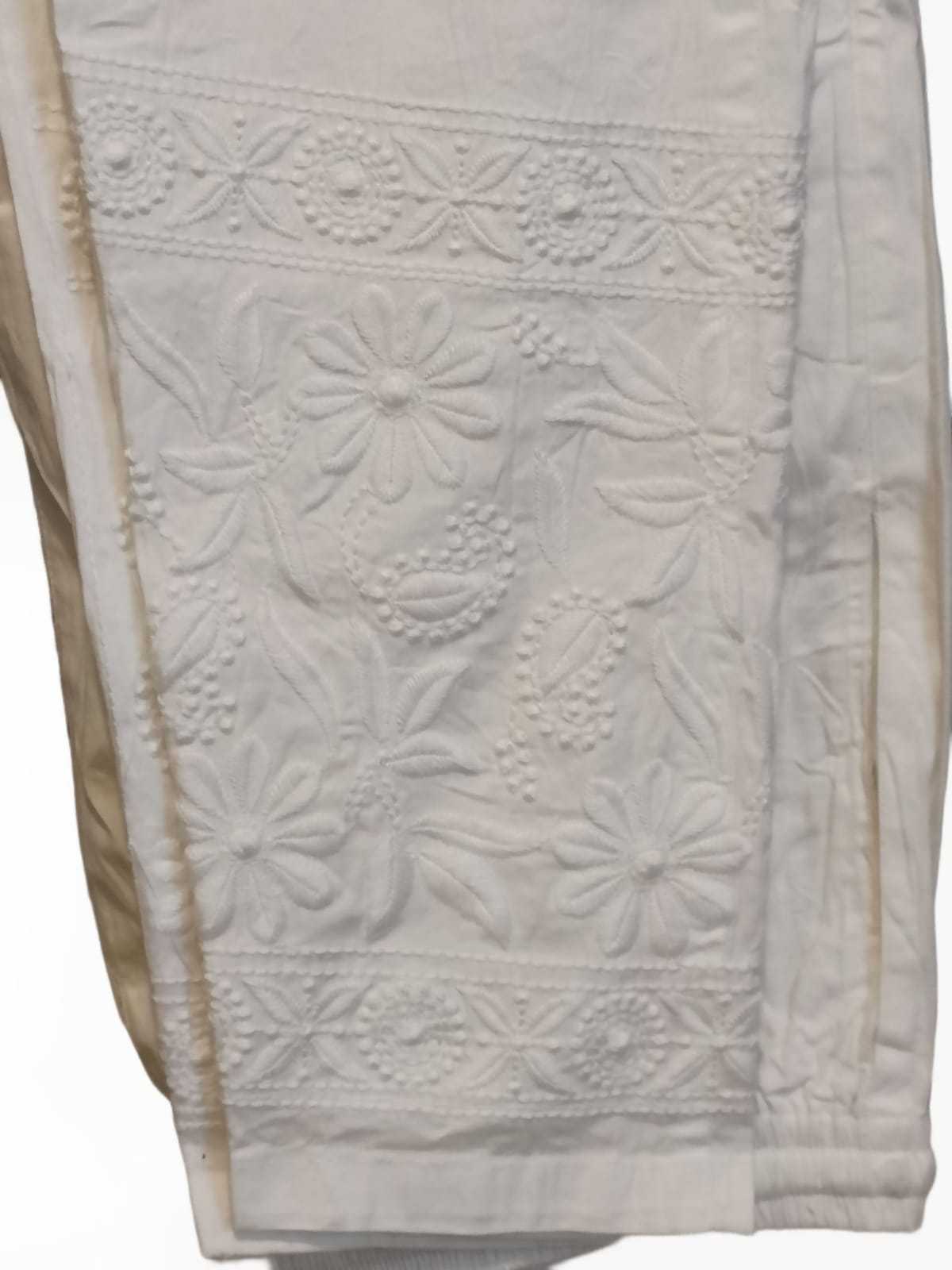 Hand Embroidered Cotton White Chikan Trouser eSiddhi