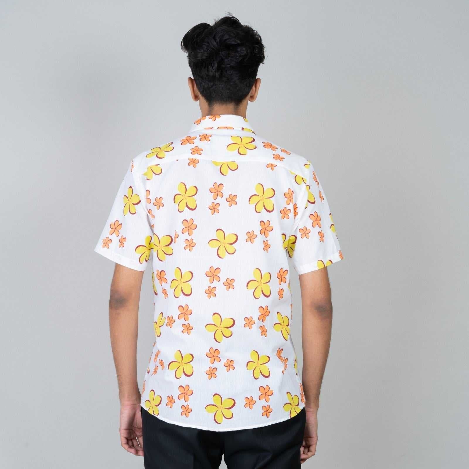 Cotton Slim Fit Half Shirt - cream floral print