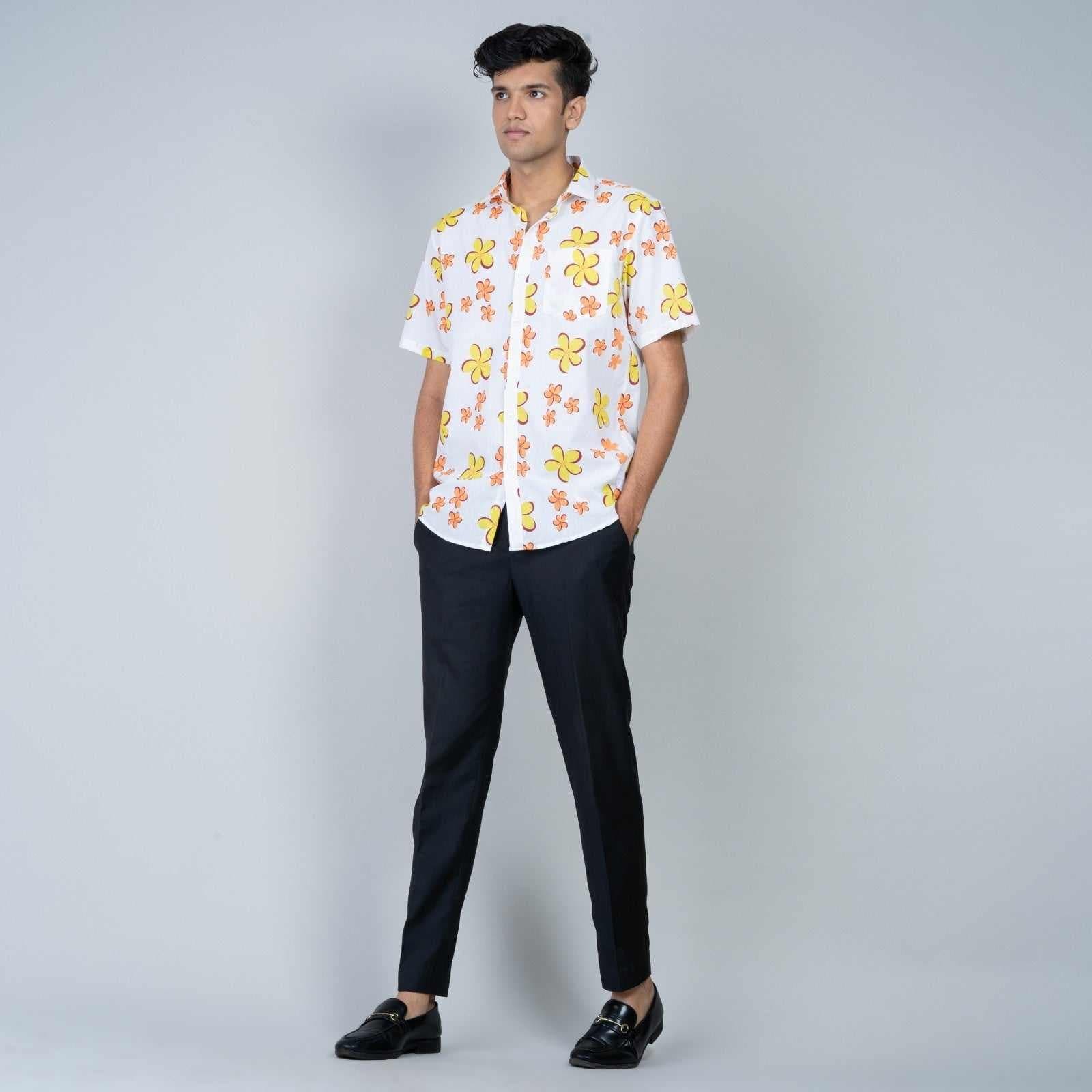 Cotton Slim Fit Half Shirt - cream floral print