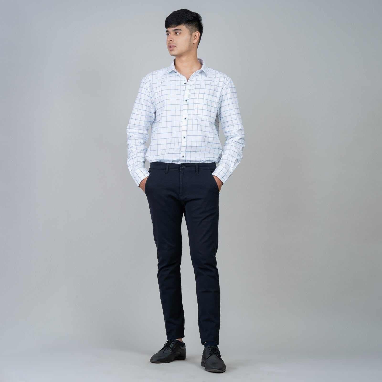 Cotton Regular Full Shirt - White and Blue Checkered