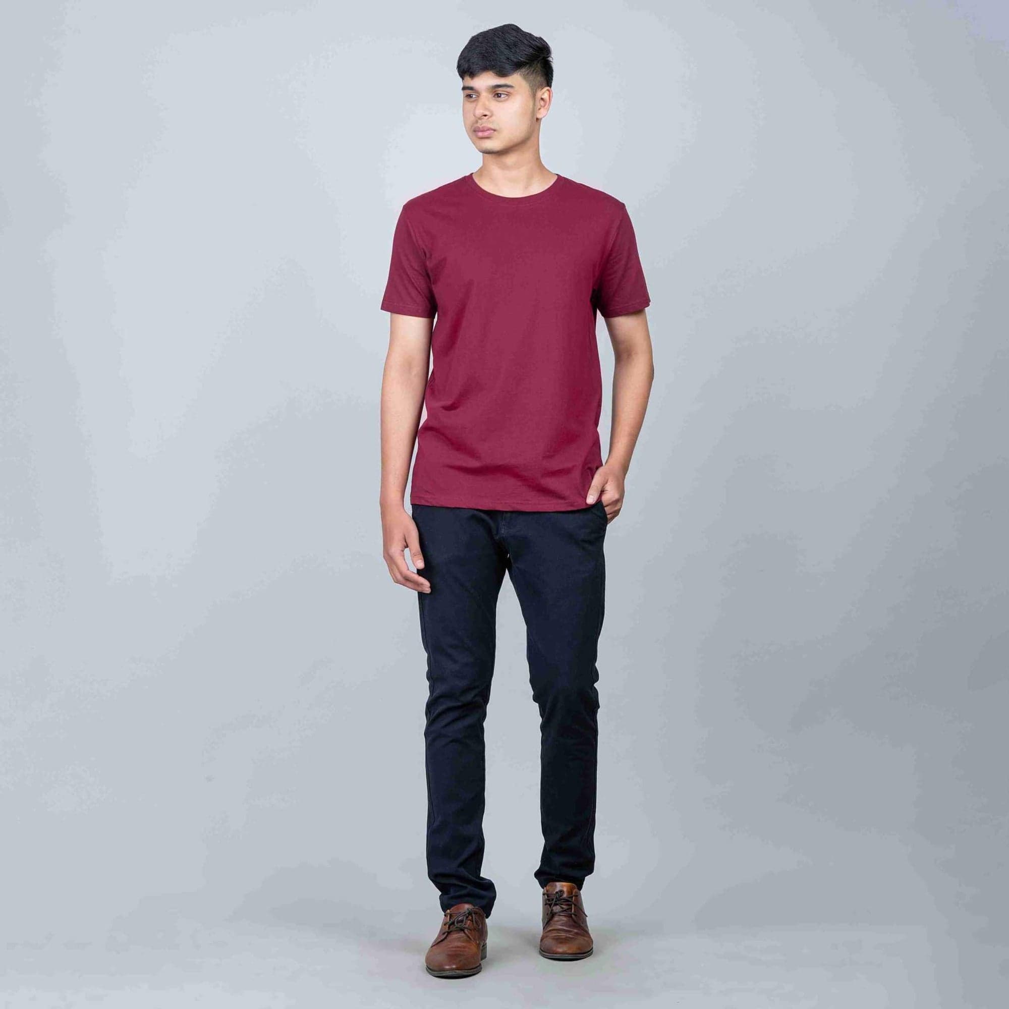 Cotton Slim Round Neck T-Shirt - Maroon