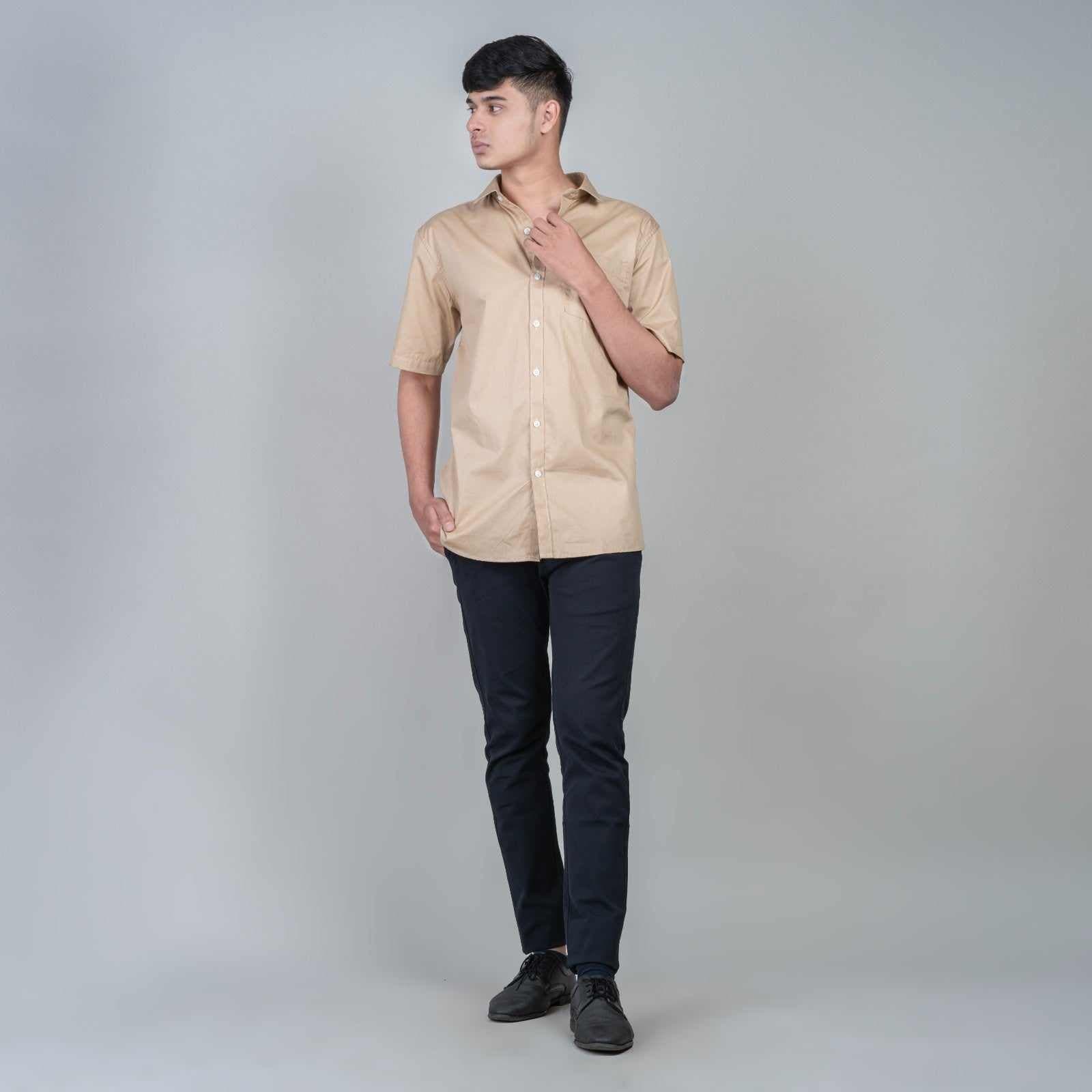 Cotton Slim Fit Half Shirt - Light Brown