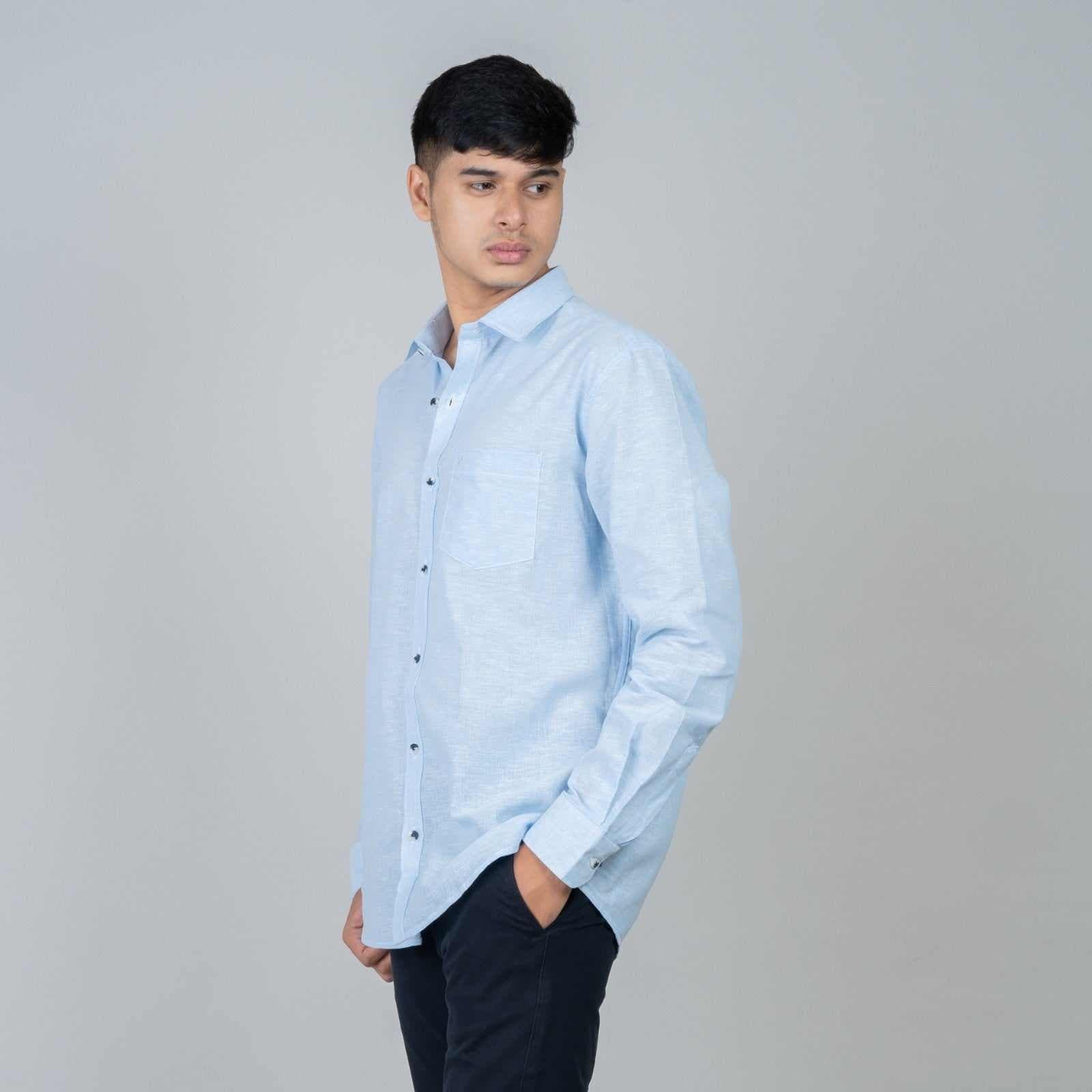 Cotton Regular Full Shirt - Sky Blue - Linen