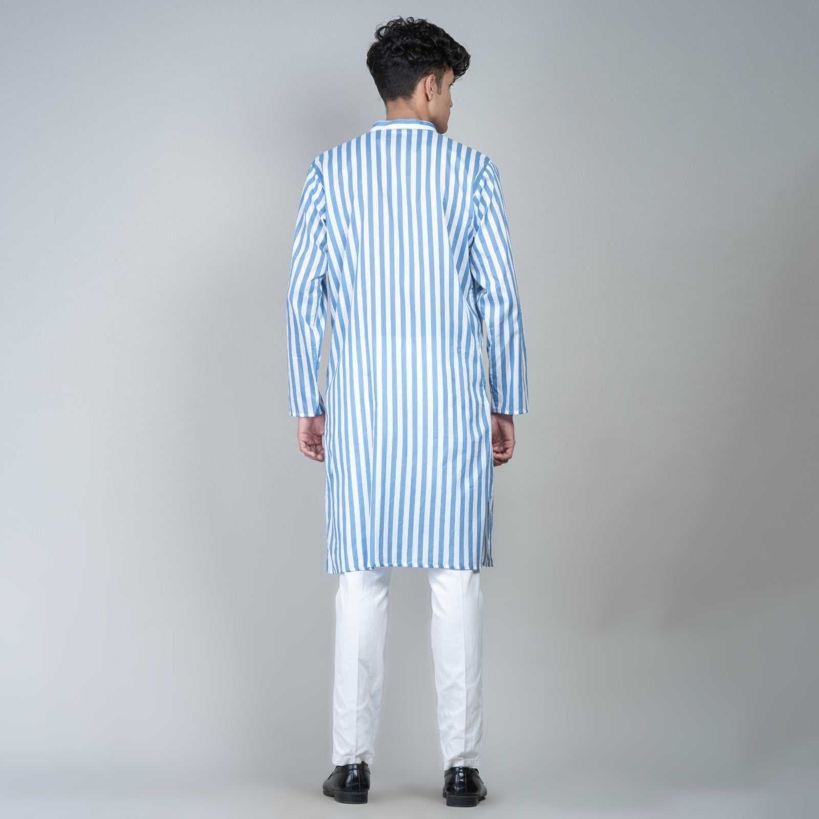 Casual Long Kurta for men - White and Blue Stripes