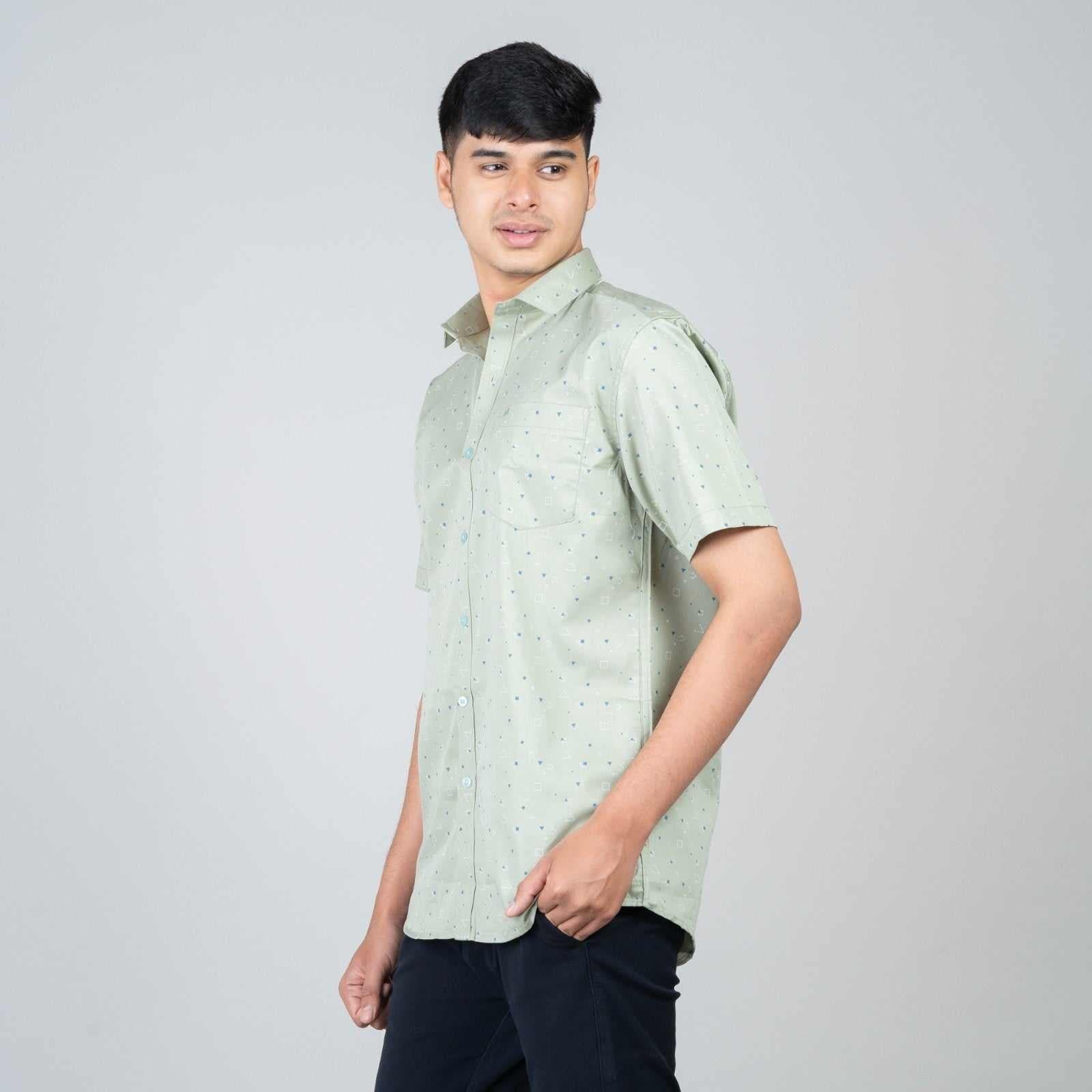 Cotton Slim Fit Half Shirt - Green print