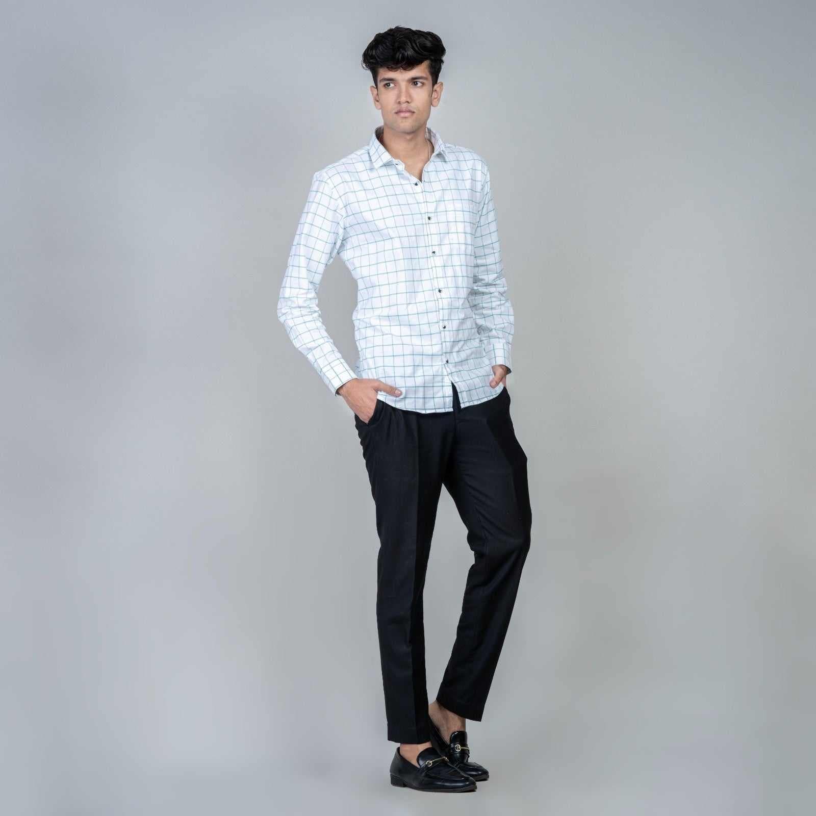 Cotton Regular Full Shirt - White and Green Checks