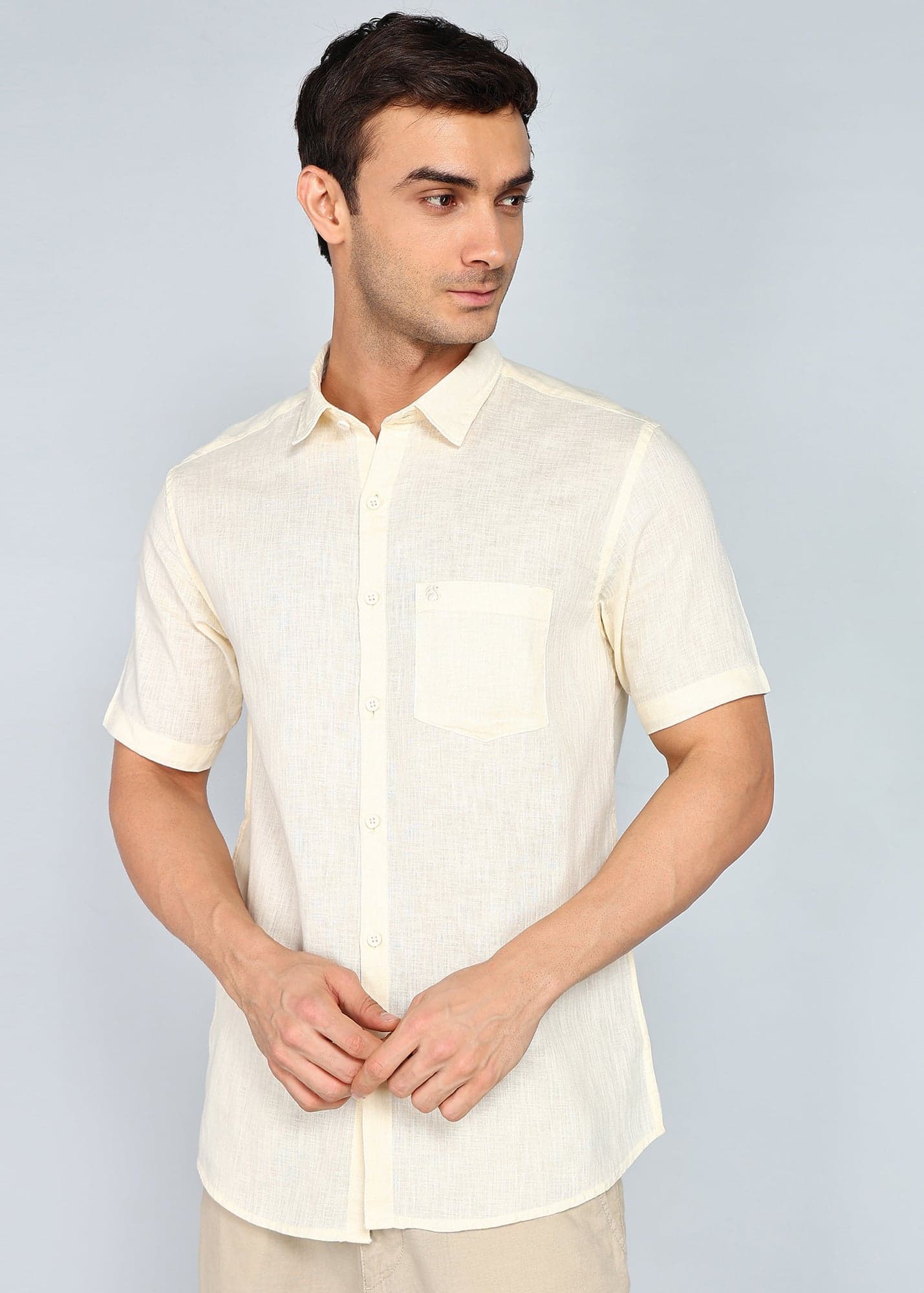 eSiddhi Men Cream Linen Half Sleeve Casual Shirt