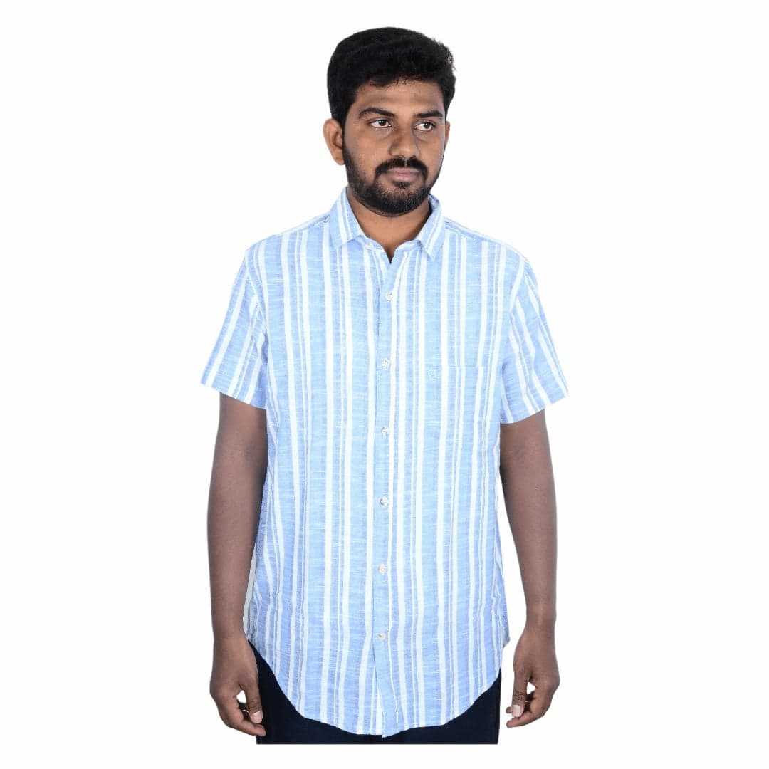 Cotton Slim Fit Half Shirt - White and Blue- Half