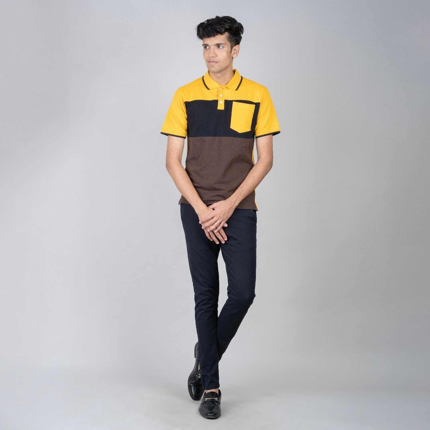 Polo T-Shirt with Pocket - Yellow, Black, Brown