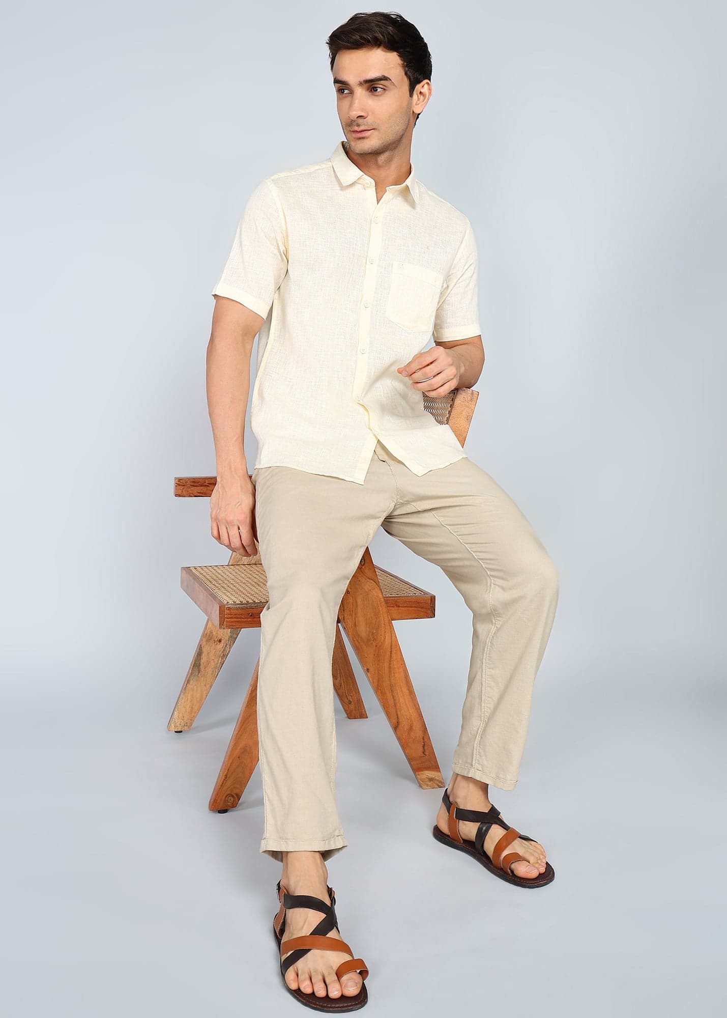 eSiddhi Men Cream Linen Half Sleeve Casual Shirt