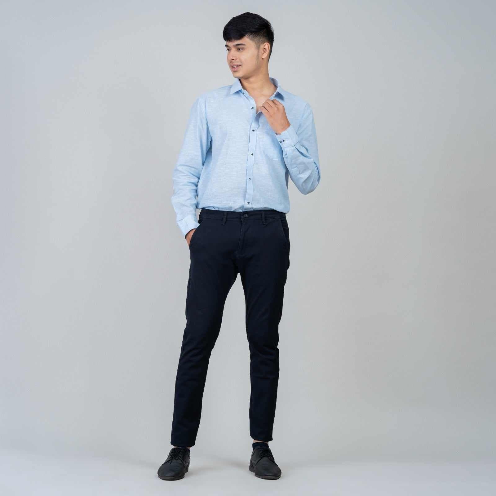 Cotton Regular Full Shirt - Sky Blue - Linen