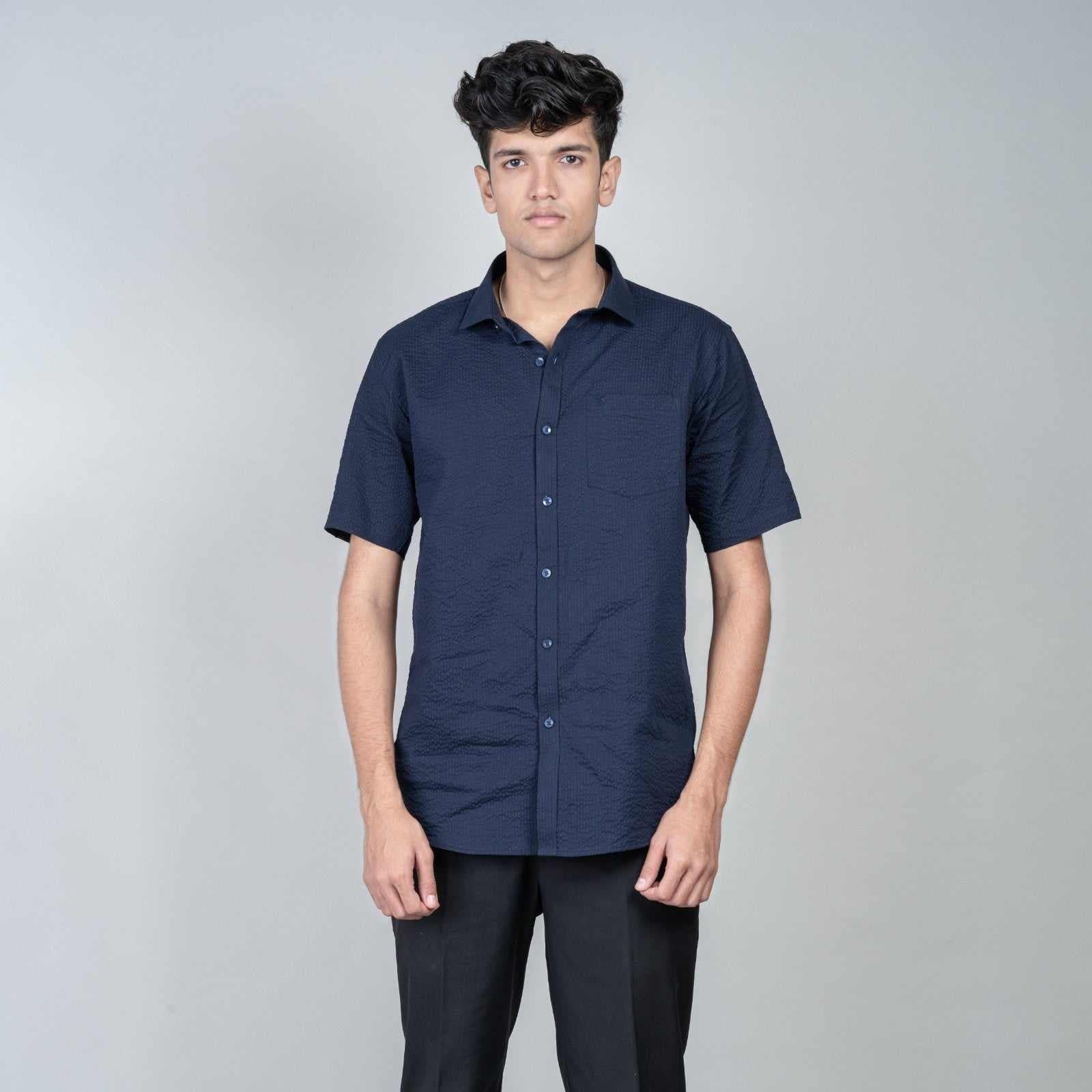 Cotton Slim Fit Half Shirt - Blue popcorn