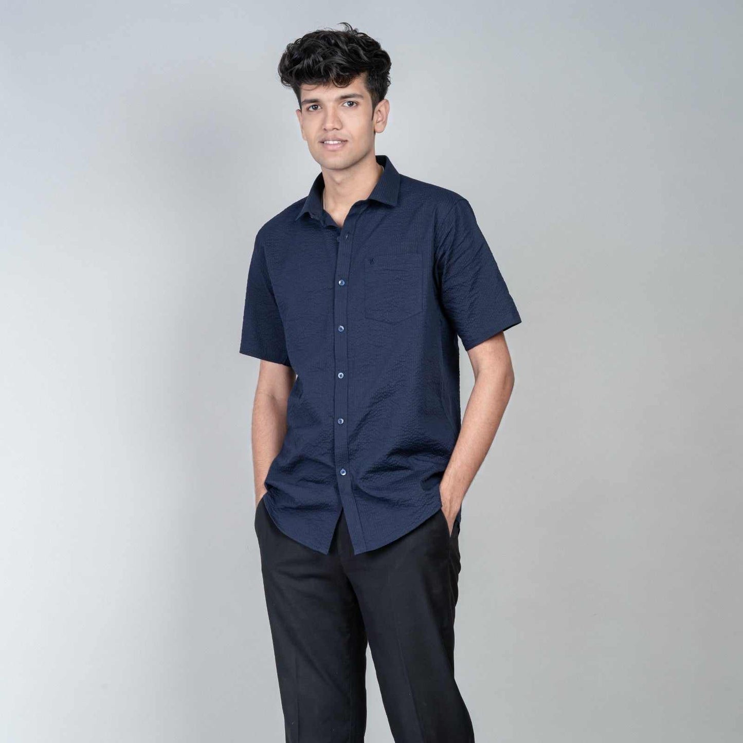 Cotton Slim Fit Half Shirt - Blue popcorn