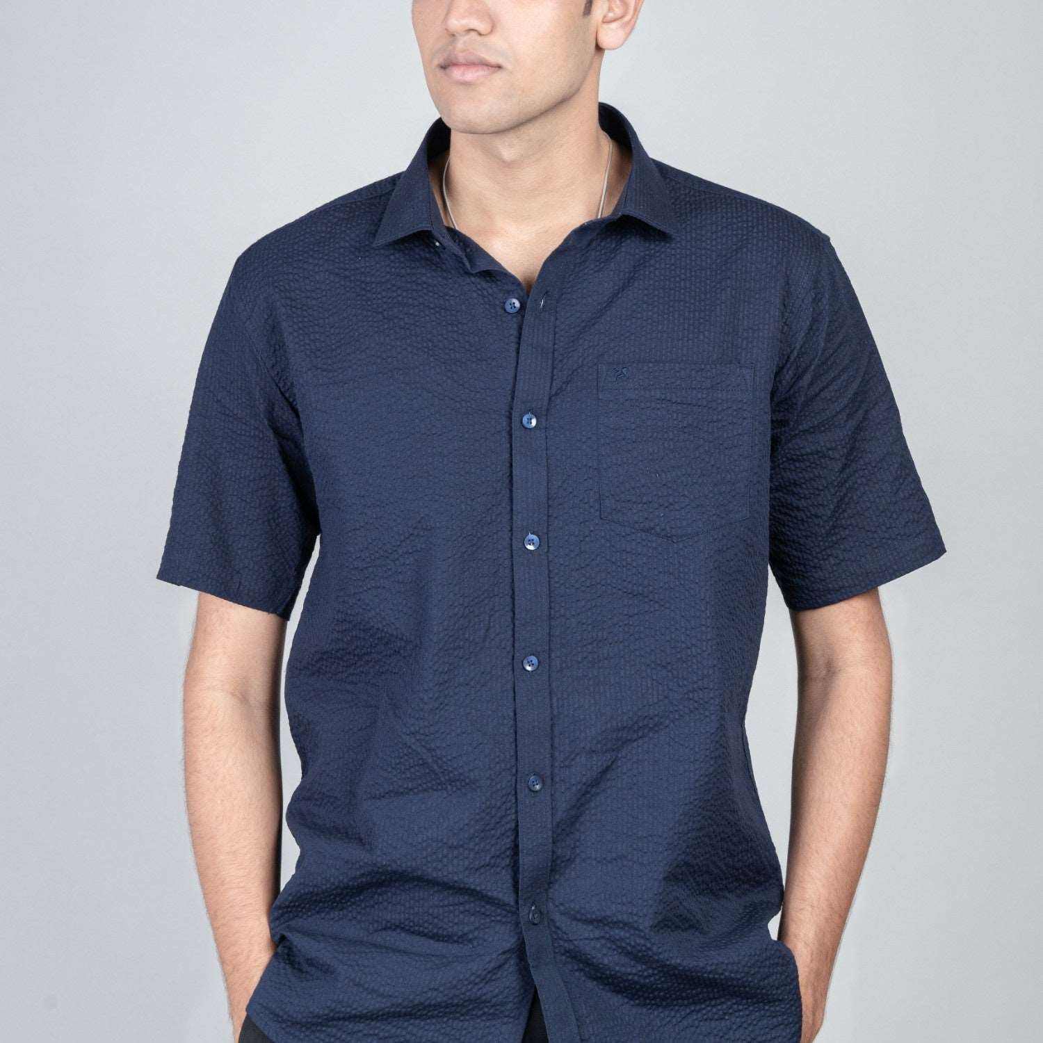 Cotton Slim Fit Half Shirt - Blue popcorn