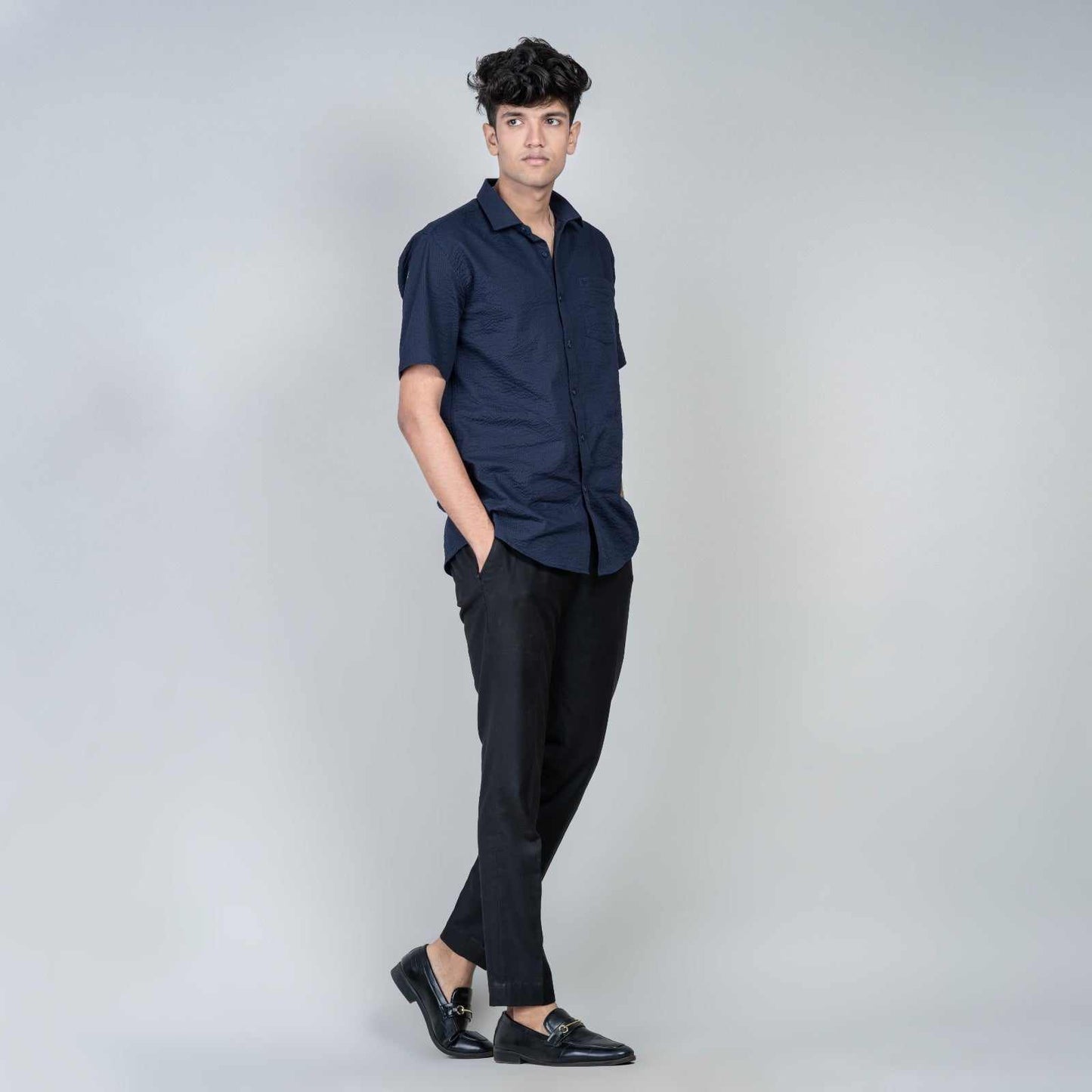 Cotton Slim Fit Half Shirt - Blue popcorn