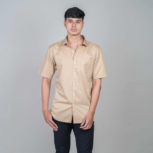 Cotton Slim Fit Half Shirt - Light Brown