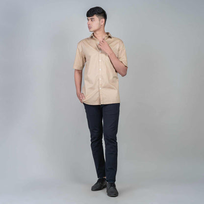 Cotton Slim Fit Half Shirt - Light Brown