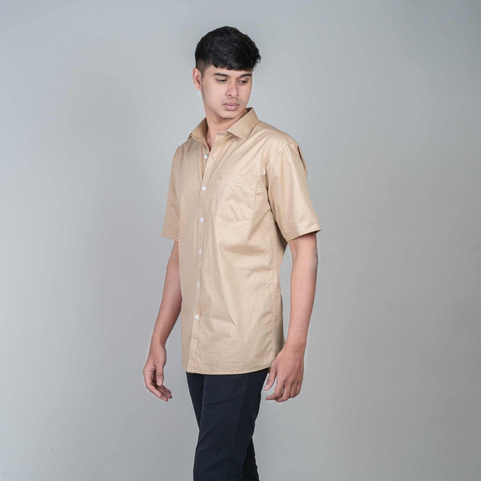 Cotton Slim Fit Half Shirt - Light Brown