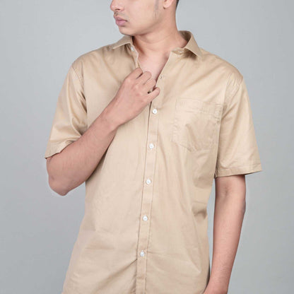 Cotton Slim Fit Half Shirt - Light Brown