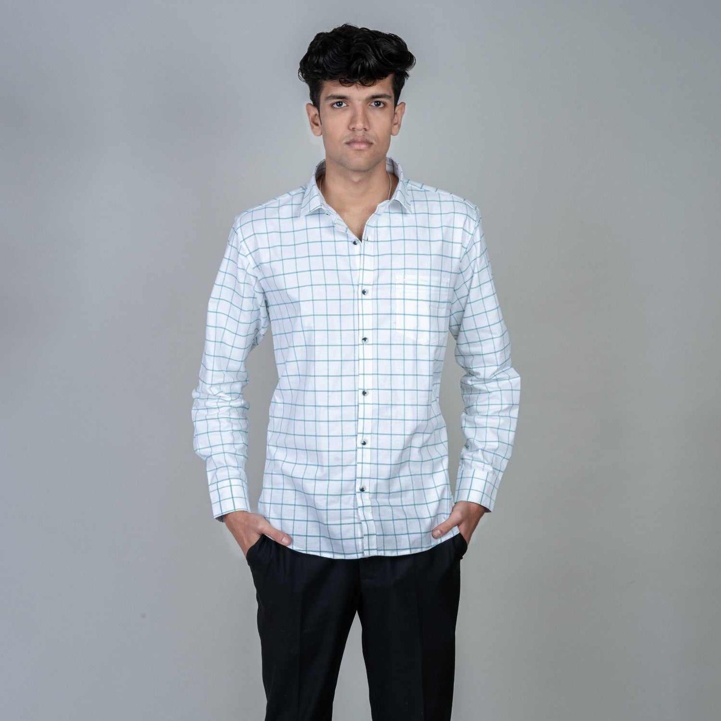 Cotton Regular Full Shirt - White and Green Checks